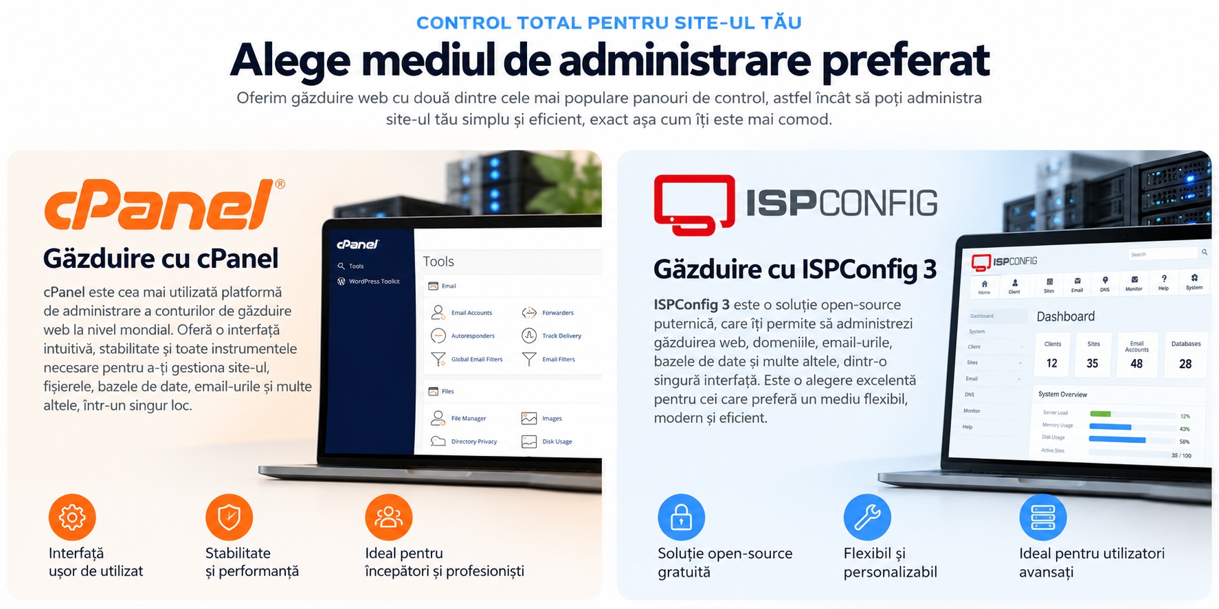 Găzduire web cu cPanel și ISPConfig 3
